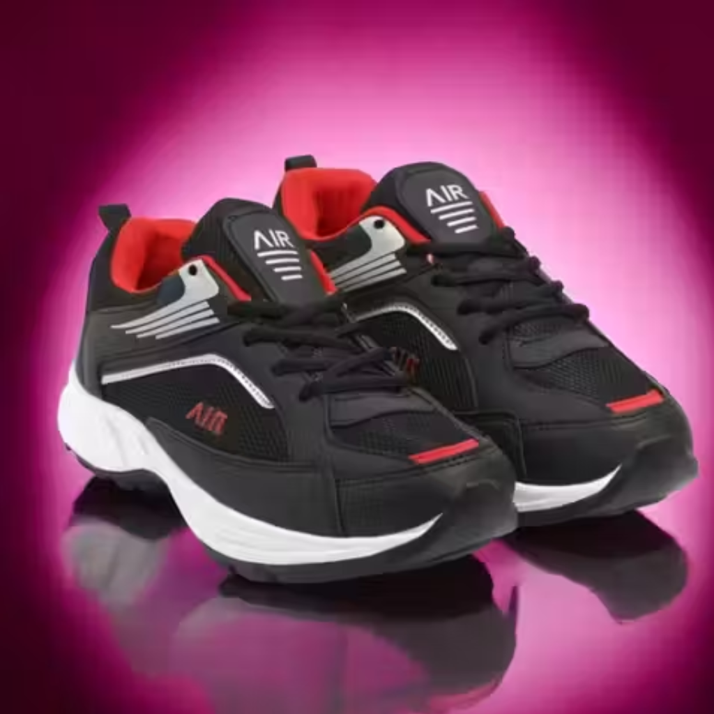 Lightweight Black & Red Breathable Sports Sneakers
