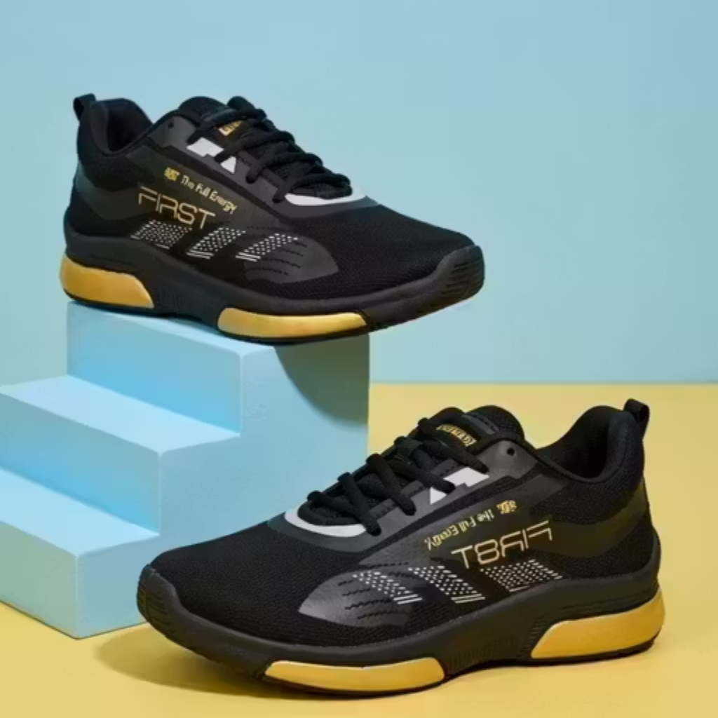 Men Premium Black & Gold Athletic Training Shoes